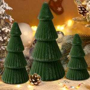 Christmas Table Decorations Indoor- 3 Pcs Flocked Velvet Christmas Trees with Lights, Modern Cone Christmas Tree Tabletop Centerpieces for Xmas Party Tabletop Mantel Tiered Tray Home Decor, Dark Green