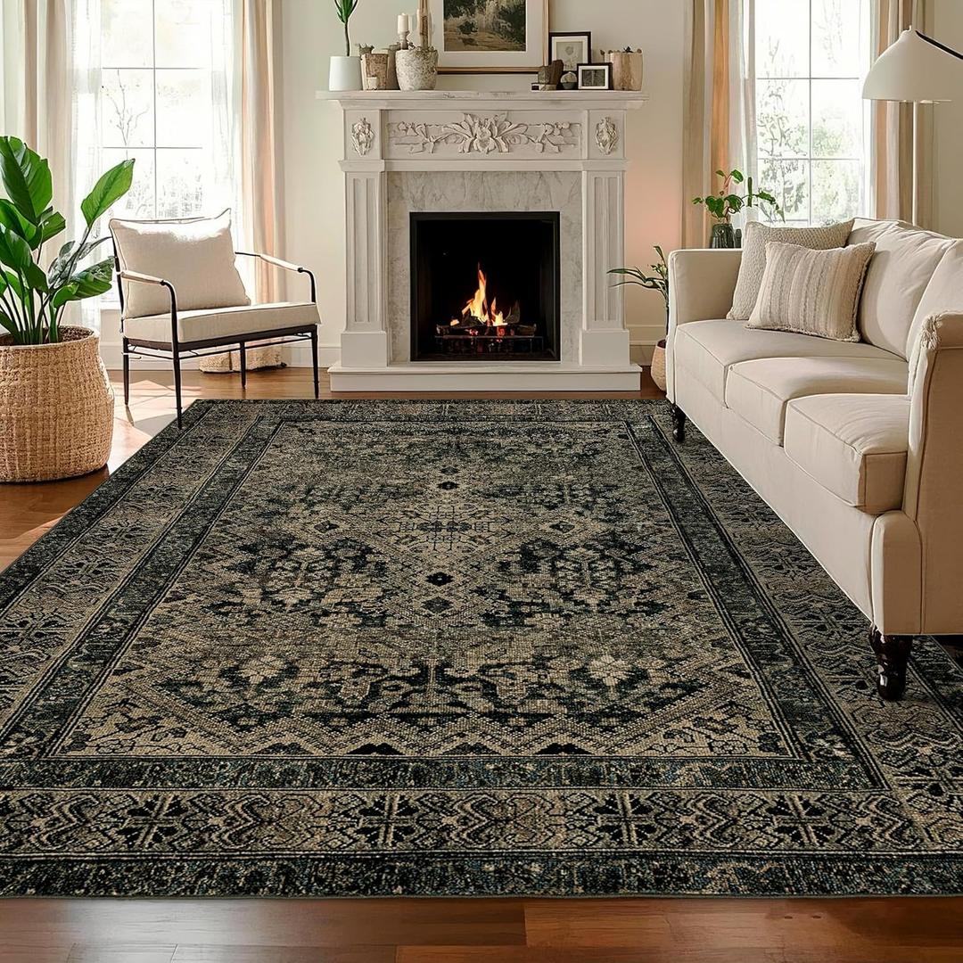 Boho Washable Rug for Living Room: Vintage 8x10 Area Rugs for Bedroom Soft Non Slip - Thin Stain Resistant Carpet for Dining Room Indoor - Dark Green