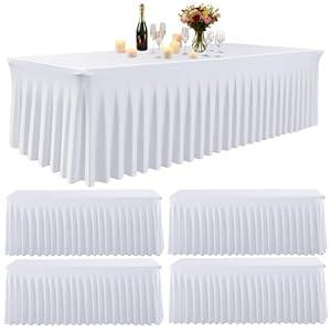 Zrlljp 5 Pack White Spandex Table Clothes for 6 Foot Rectangle Tables, Fitted Stretch Spandex Table Cover 6ft White Tablecloths with Table Skirt for Weddings Birthday Parties Banquet Baby Shower