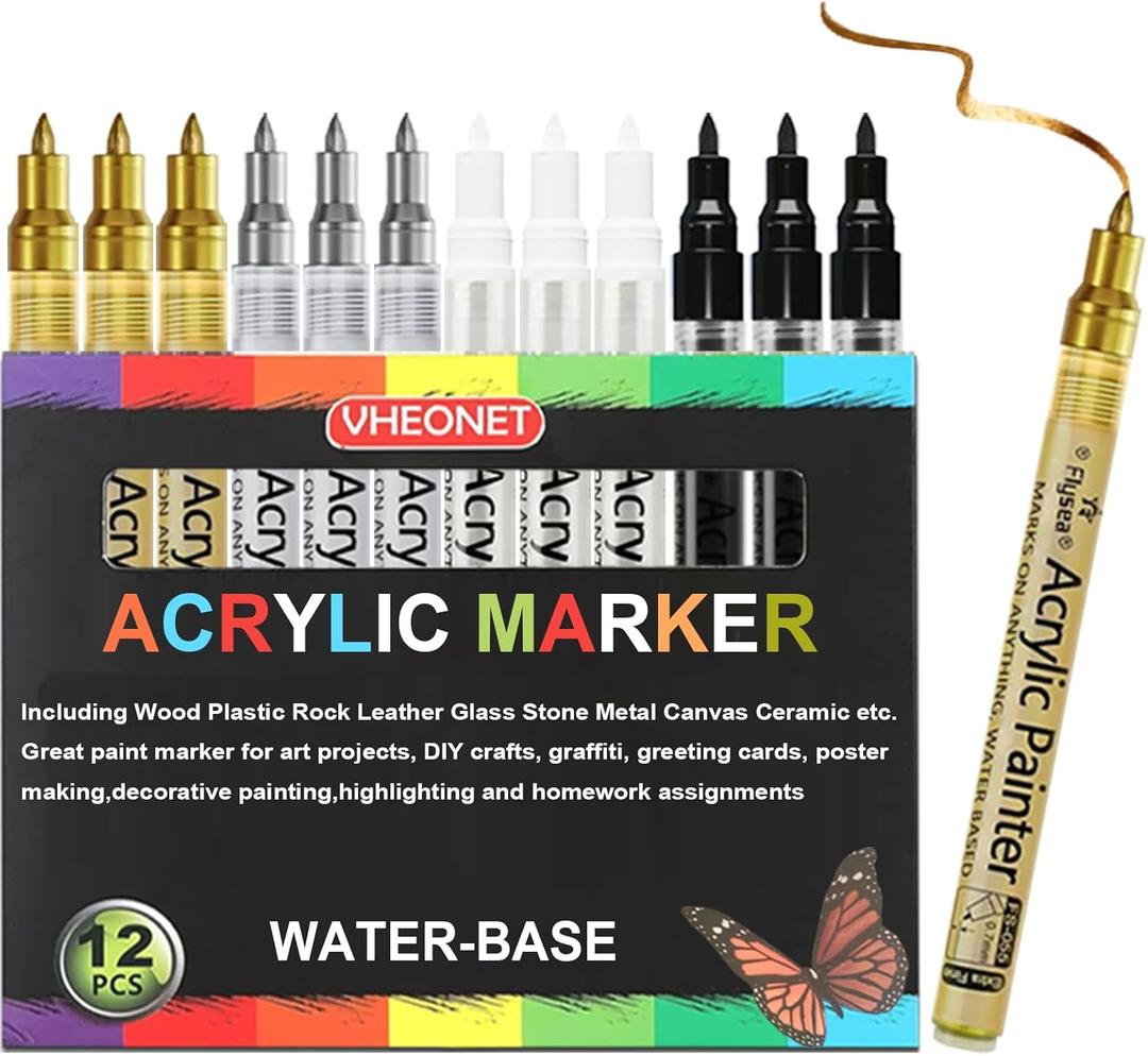 Fine Tip Markers, 0.7mm Extra Fine Point Paint Pen - Great for Greeting Cards,Ornament,Decor,Ceramics,Canvas, DIY Crafts & Art Projects(3 Gold &3 Silver &3 Black &3 White)