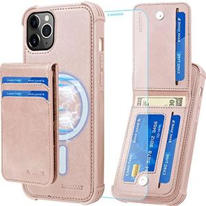 MONASAY Magwallet Case for iPhone 14 Pro Max,[Glass Screen Protector][Support Wireless Charging] Flip Folio Magnetic Leather Wallet Phone Cover with Detachable RFID Blocking Card Holder Rosegold