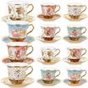 Teenyyou Set of 12 Tea Cups and Saucers Tea Party Decorations Floral Porcelain 7.4 oz British Gift for Women Birthday Party, Church, and Mother's Day (Stylish Style)