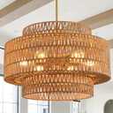Boho Rattan Chandelier, 6-Light Dining Room Light Fixture,23.62" Wicker Pendant Lighting with3-Tier Woven Lampshade, Large Farmhouse Chandeliers for Kitchen