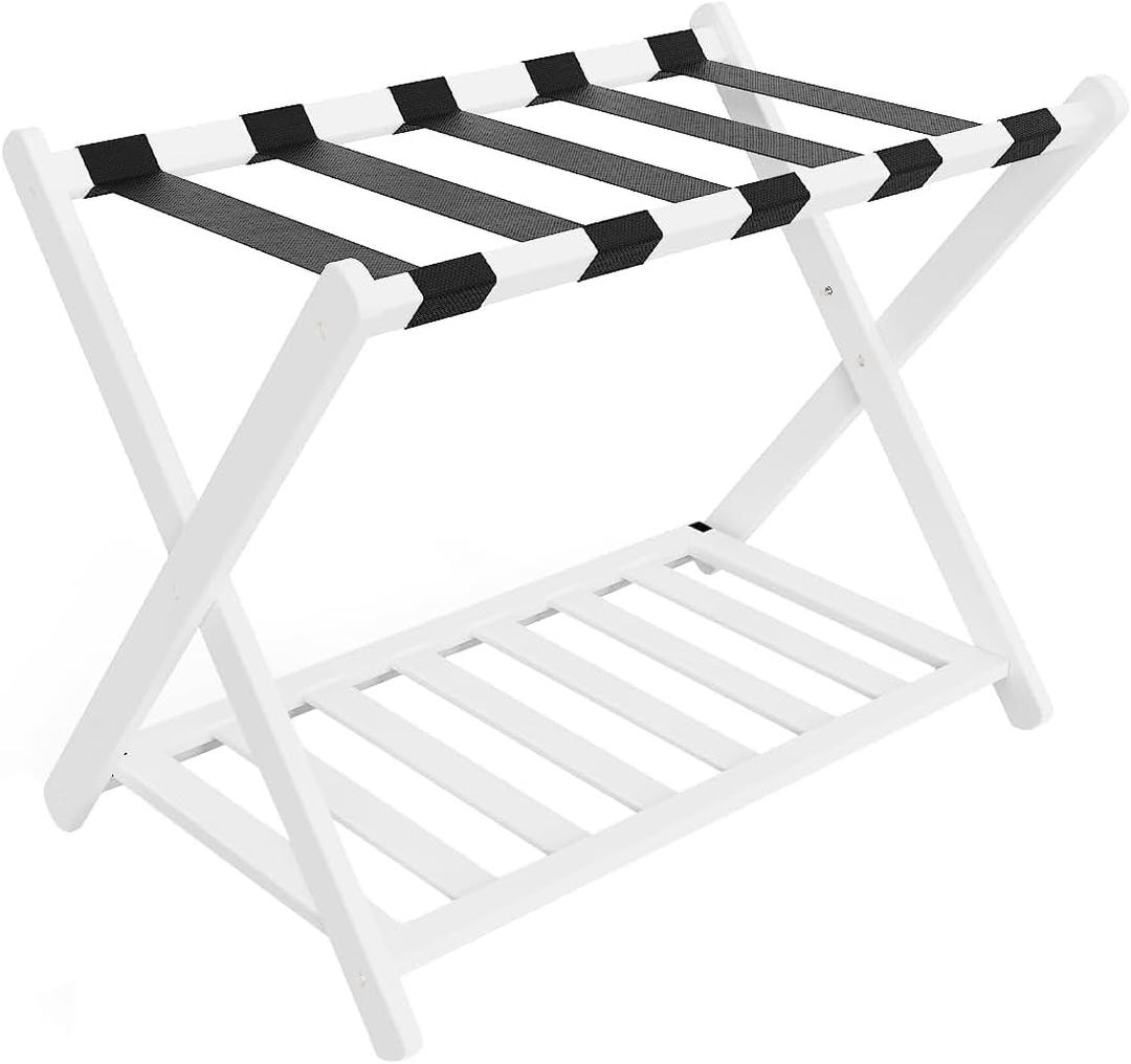 Luggage Rack, Folding Luggage Rack for Guest Room, Bamboo Suitcase Stand with Unique Magnetic Locking, Luggage Stand with Storage Shelf for Hotel, Bedroom, Guest Room, White, WT01XLG1