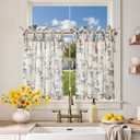 jinchan Floral Kitchen Curtains 24 Inch Linen Tier Curtains Farmhouse Cafe Half Window Drapes Over Sink Light Filtering Black on Beige for Living Room Laundry Tie Top 2 Panels