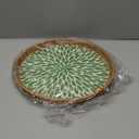Round Rattan Tray with Mother of Pearl Inlay, Decorative Wicker Serving Tray with Wooden Base, Woven Basket Trays for Bread Fruits Coffee, Leaf