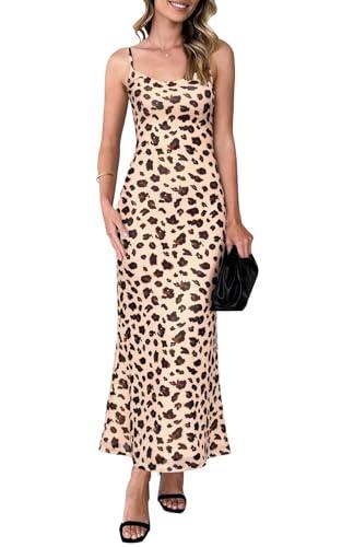 PRETTYGARDEN Womens Summer Dresses Spaghetti Strap Floral Maxi Dress Sleeveless Long Bodycon Dresses Wedding Guest Dress (Leopard Apricot, X-Large)