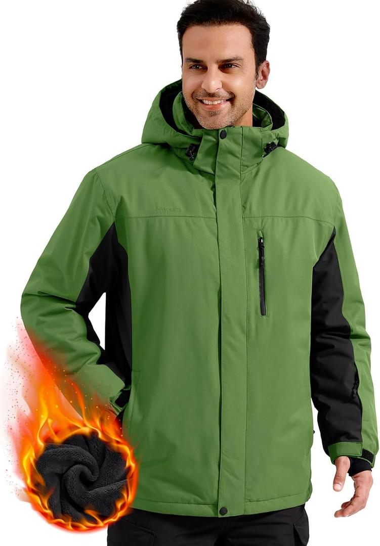 FREE SOLDIER Men's Waterproof Ski Snow Jacket Fleece Lined Warm Winter Rain Jacket with Hood Fully Taped Seams(Grass Green, S)