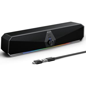 SENZER CS30 Bluetooth Computer Speakers for Desktop, USB Plug & Play PC Speakers with Dynamic LED Light, Stereo Sound Soundbar for Desktop Laptop Monitor (USB-C Adapter Included) Black