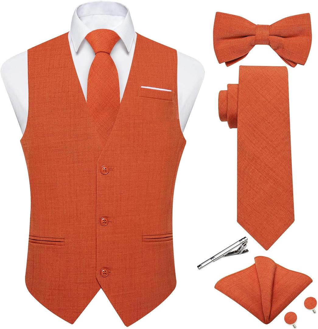 DiBanGu Mens Linen Suit Vest Casual Waistcoat and Necktie & Pre-tied Bowtie Set 6PCS Solid Color Dress Vest for Wedding Party (Orange, XXL)
