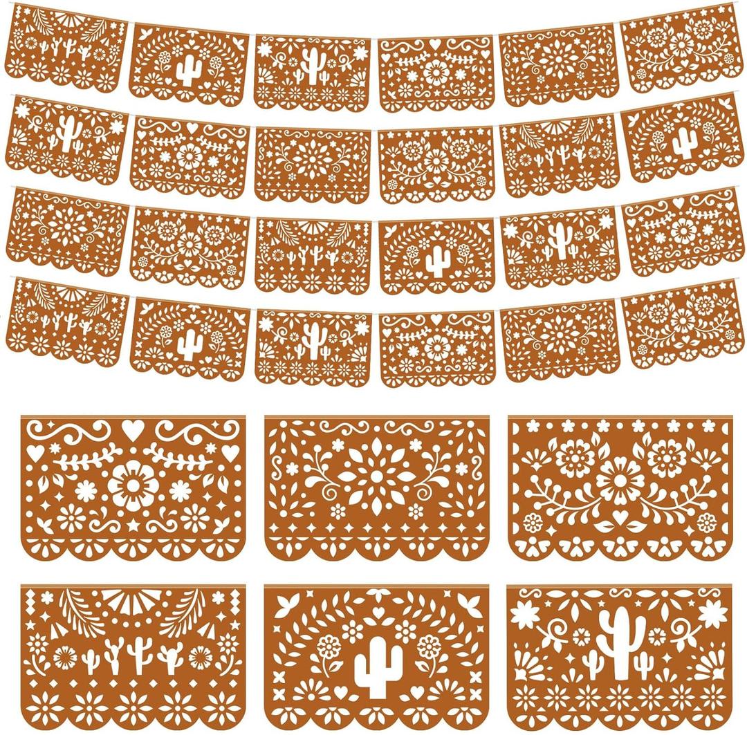 Tiamon 4 Pack Mexican Party Decorations Plastic Papel Picado Banner Garland Waterproof Cielito Lindo Decor for Baby Shower Day of The Dead Wedding Cinco De Mayo Outdoor Decor (Dark Brown)