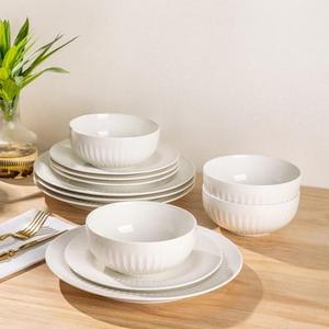 LERATIO Ceramic Dinnerware Sets,Handcraft Embossed Stoneware Plates and Bowls Sets,Highly Chip and Crack Resistant | Dishwasher & Microwave & Oven Safe Dishes set,Service for 4 (12pc) 