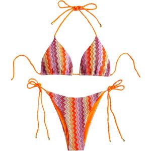 ZAFUL 2 Piece Triangle Bikini for Women Knitted Rope Halter Bikini Sets Sexy Bathing Suit Side Tie Swimsuits Beachwear (Orange, M)