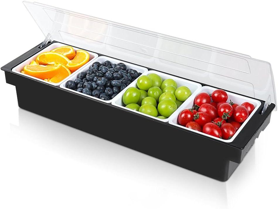 Bar Fruit Condiment Caddy With Lid,Bar Garnish Tray Caddy For Bartenders,Plastic Toppings Container For Fruits,Ice Cream,Salad(4 Compartment)