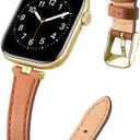 STIROLL Thin Leather Band Compatible with Apple Watch Bands 49mm 46mm 45mm 44mm 42mm (Series 3/2/1) Women, Stylish Top-Grain Leather Strap Slim Wristband for iWatch SE3/2/1 Series 10 9 8 7 6 5 4 Ultra, Brown/Gold