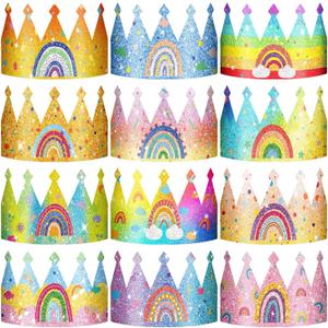 Sinmoe 32 Pcs Rainbow Birthday Party Crown for Kids Birthday Party Hats Rainbow Glitter Decorations Paper Crowns Headband for Girls Birthday, Rainbow Party Supplies, Classroom Activities,12 Styles