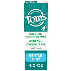 Tom's of Maine Whiten Plus Coconut Oil Fluoride Free Toothpaste, Natural Whitening Toothpaste with Coconut Oil and Plant-Based Cleansers, Whitens Without Causing Sensitivity, Gentle Mint, 4.0 Oz