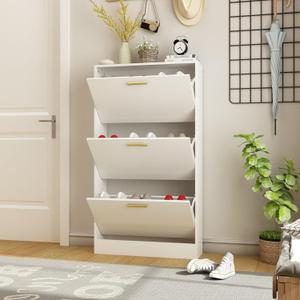 Narrow Shoe Storage Cabinet, Shoe Cabinet for Entryway with 3 Flip Drawers, Wood Hidden Shoe Rack with Doors, Freestanding Shoe Organizer Cabinet for Hallway, White