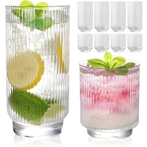 Set of 8 Ribbed Glass Cups with Crystal Base,3 Highball Glasses 18oz & 4 Rocks Drinking Glasses 9oz, Art Deco, for Water, Iced coffee, Juice, Gift