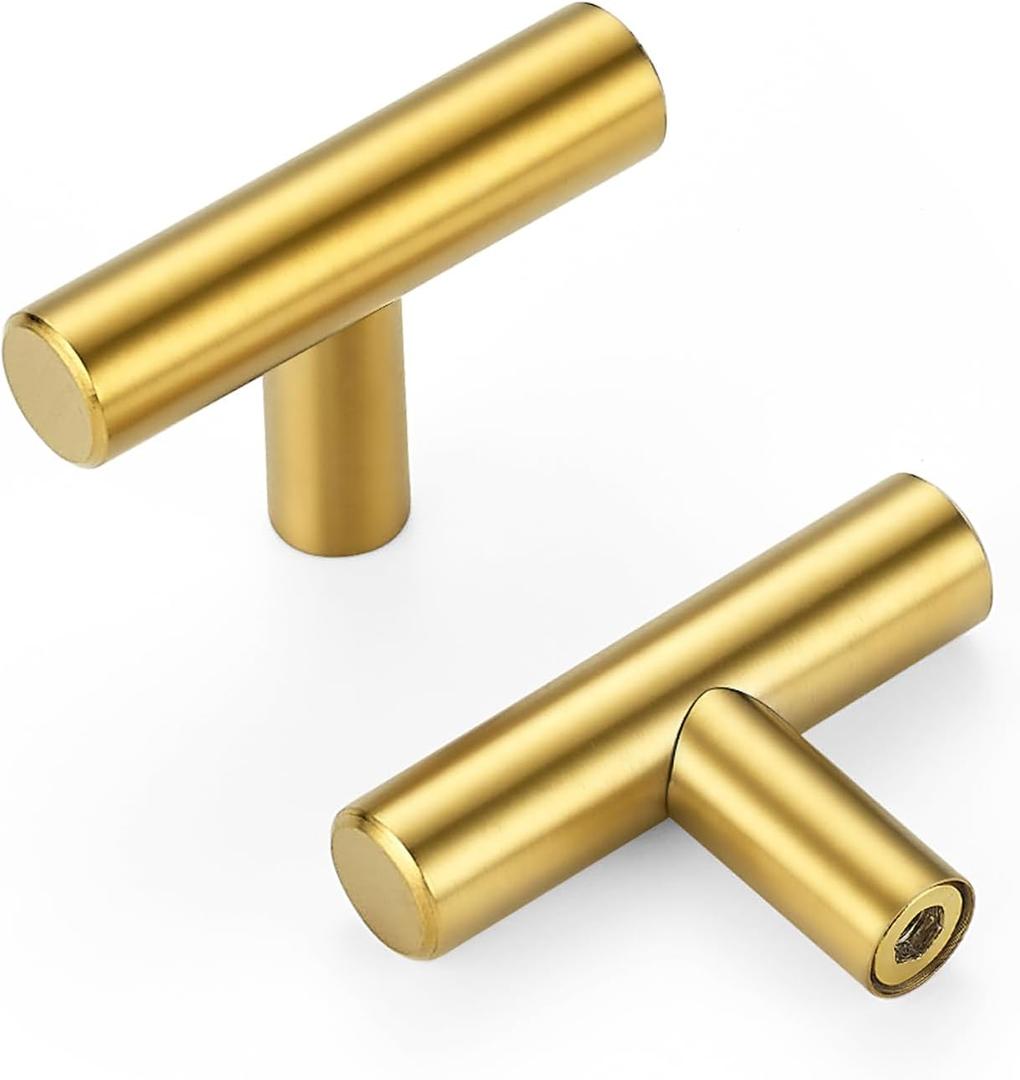 10 Pack Gold Cabinet Knobs 2 Inch - Brushed Brass Drawer Knobs Single Hole Gold T Bar Hardware Drawer Pulls for Kitchen Cabinets and Dressers