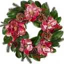 Briful 24in Christmas Magnolia Flower Wreath for Front Door Artificial Red Magnolia Floral Wreath with Pine Cones Berries Outdoor Christmas Wreath for Xmas Home Room Wall Window Mantle Decor