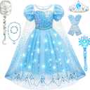 G.C Girls Light Up Princess Dress Up Costume with Cape Kids Toddler Wig Crown Wand Toys Outfit Halloween Cosplay Gifts (120 4-5 years)