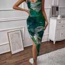 LIGHT DOT Women's Spaghetti Strap Printed Bodycon Ruched Midi Cocktail Dress Sexy Cowl Neck Tie Dye (Green, L)