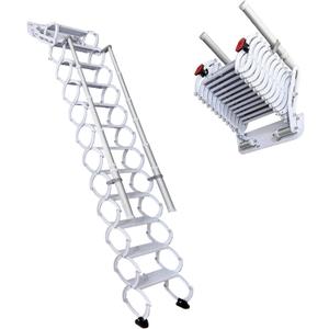 Wall Mounted Folding Ladder with Handrails, Pull Down System Attic Stairs, Telescopic Attic Ladder, 12 Pedals, Attic, Basement, Warehouse, Passage Folding Stair (White, 12-Steps)