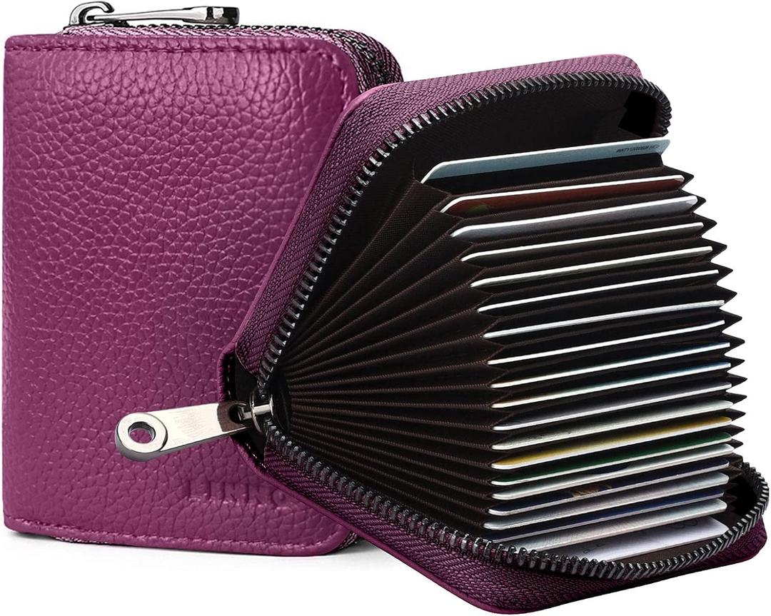 Linno RFID 20 Slots Credit Card Holder Genuine Leather Small Wallet for Women or Men with Zipper (Purple)