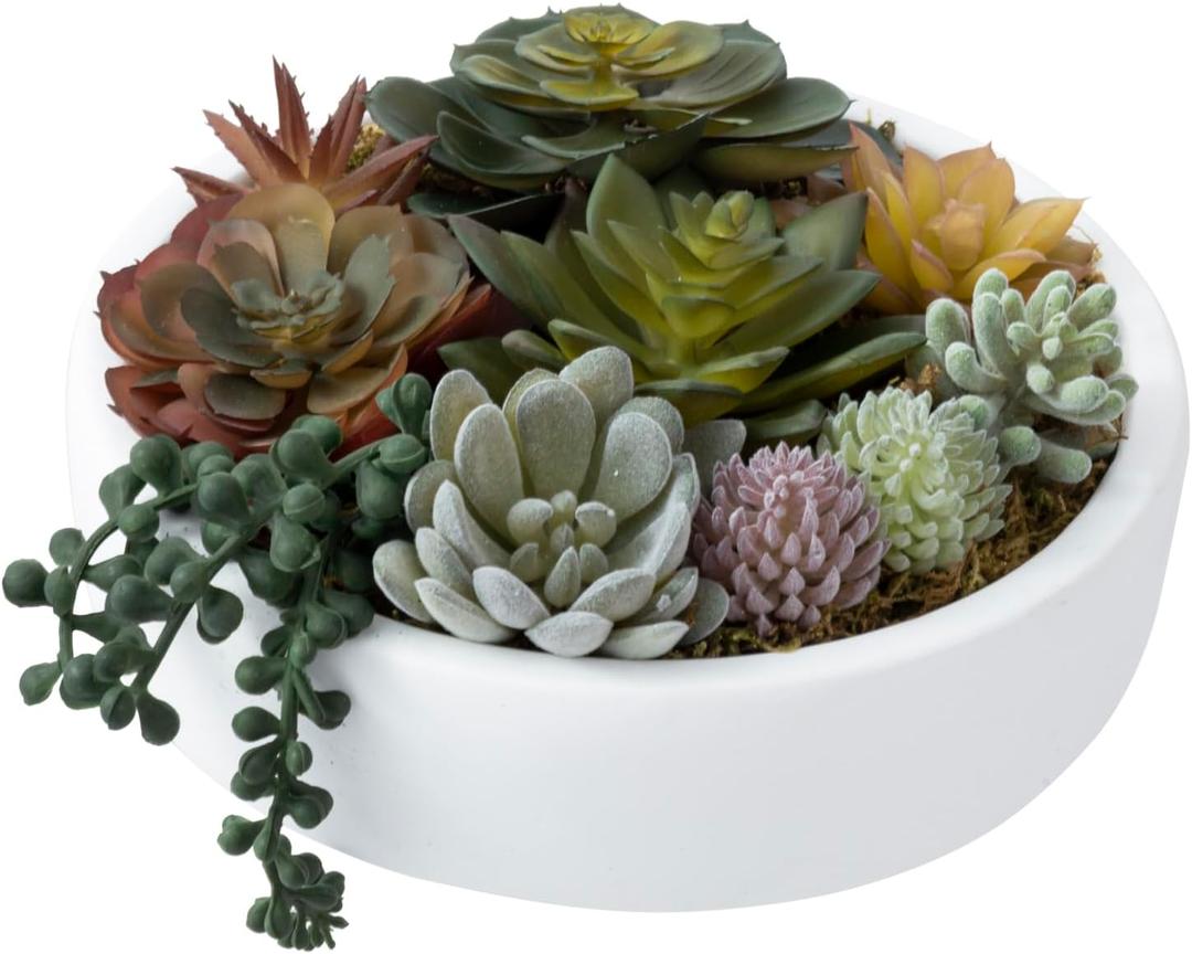 MyGift 8 Inch Round Modern Artificial Succulent Arrangement Potted in White Concrete Plant Bowl, Assorted Faux Mini Succulents in a Decorative Planter Pot (White)