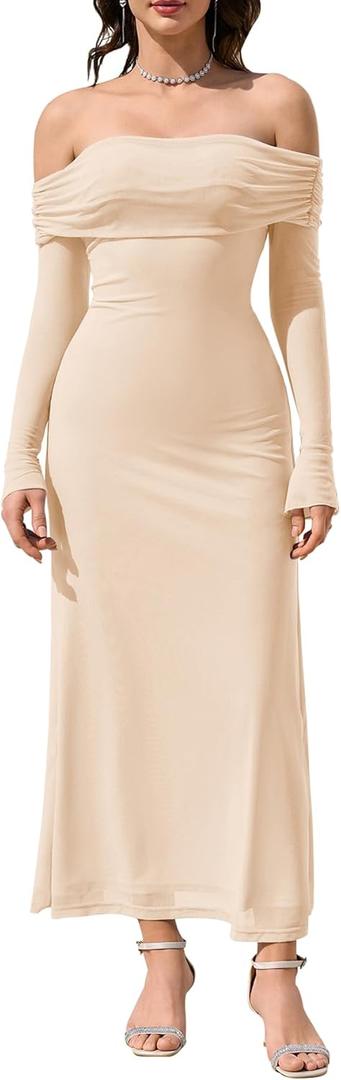 KUTUMAI Women Off Shoulder Bodycon Maxi Dress Long Sleeve Mesh Ruched Party Formal Wedding Guest Dresses (Large, Beige)