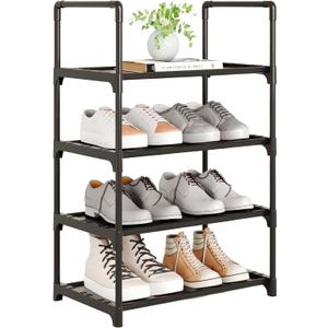 Upgrade Stackable Small Shoe Rack, 4-Tier Shoe Shelf Storage Organizer with Handle for Entryway, Hallway and Closet (Black)