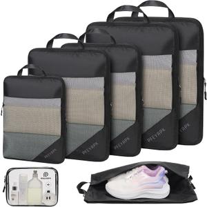 PFEYRPK Lightweight Compression Packing Cubes for Suitcases, Compressible Expandable Travel Packing Organizer with Clear Toiletries and Backpack Bag, Travel Essentials for Carry on Luggage 7 Set