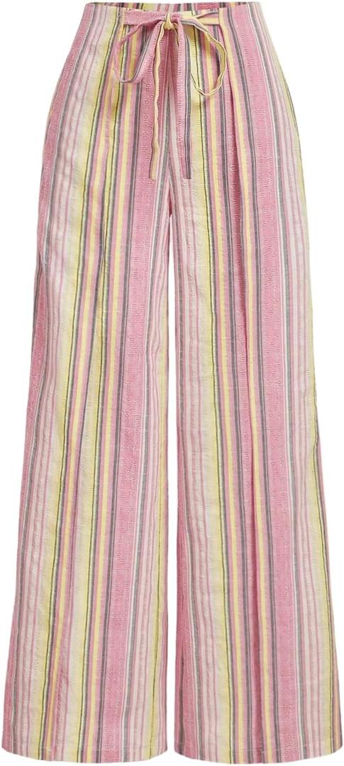 SHENHE Women's Linen Striped Wide Leg Palazzo Pants Casual Drawstring Waist Loose Long Trousers (M)