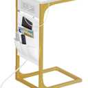 TUTOTAK C Shaped End Table with Charging Station, Side Table for Sofa, Couch Table with Storage Bag, TV Tray Table with 2 USB Ports and Outlets for Living Room, Bedroom, White and Gold TB01BWG024