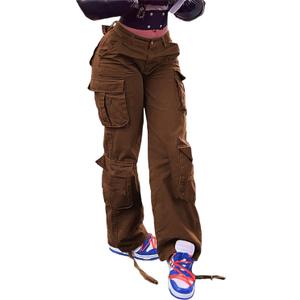 Women Mid Waisted Cargo Jeans Flap Pocket Straight Wide Leg Casual Baggy Boyfriend Denim Streetwear Pants (X-Large, Brown)