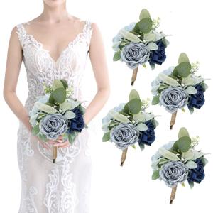 Artificial Bridesmaid Bouquets - Set of 4 Silk Rose Flowers Bouquet Wedding Rustic Small Floral Centerpieces for Marriage Proposal Party Anniversary Dining Table Decorations - Blue,7 Inch