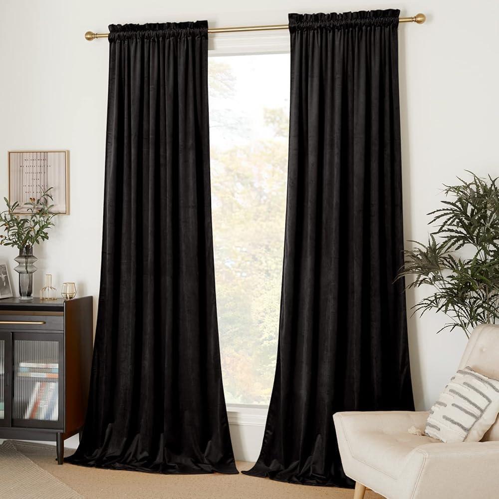 NICETOWN Black Velvet Blackout Curtains 96 inch Long for Bedroom and Living Room, Thermal Curtains Solid Heavy Matt Rod Pocket Drapes/Window Treatments for Hall, Theater (2 Pieces, 52 W)