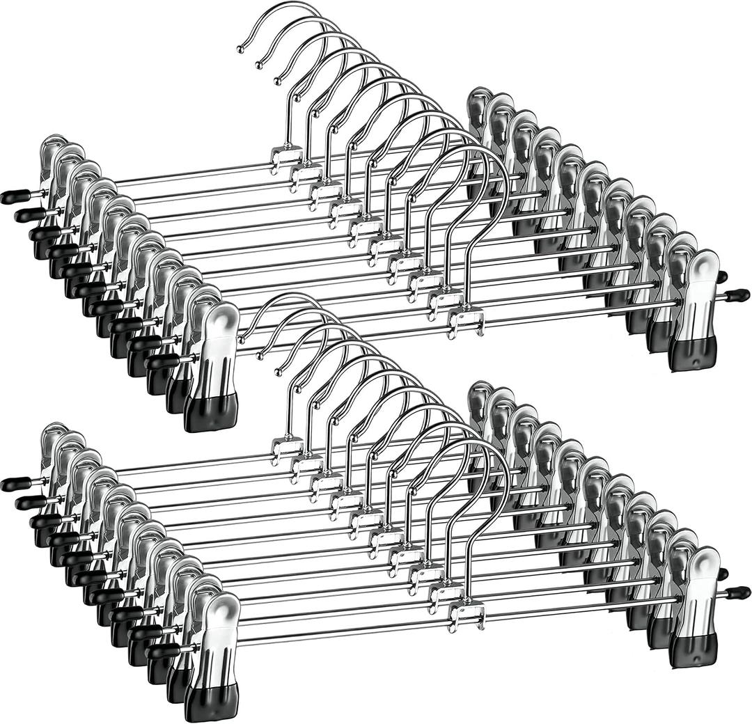 ZOBER Metal Pants Hangers with Clips - Pack of 20 Space Saving Skirt Hangers for Women - Chrome, Non-Slip, Adjustable Clips, for Pants, Skirts, Jeans Closet Organization, College Dorm Essentials