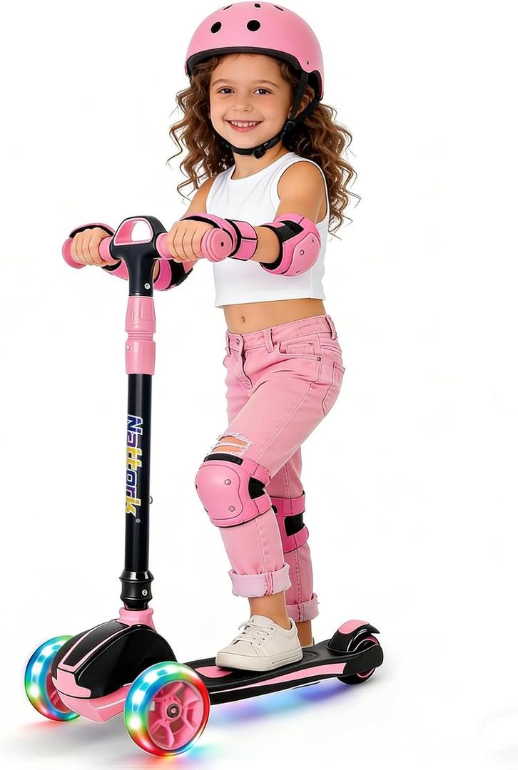 Nattork Kick Scooter for Ages 3-8, Light Up 3-Wheels Foldable Scooter with 4 Adjustable Height for Boys & Girls, Lean to Steer,Anti Slip Deck,Toddler Scooter 120lbs Weight Capacity Pink