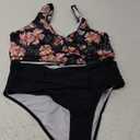 Fanuerg Women High Waisted Bikini Sets V Neck Cross Twist Front Two Piece Swimsuit Tummy Control Bathing Suit (X-Large, Black Floral)