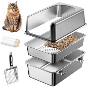 XL All Stainless Steel Sifting Litter Box with Lid,Sifting Cat Litter Box for Pine Pellets,High Sides Metal Sifter Litter Pan System for Big Cats,Odor Control,Easy to Clean (XL:23.6''15.7''12'')