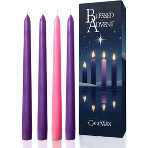 CANDWAX 10 Inch Advent Taper Candles Set of 4 - Long Burning Dripless Unscented Tapers - Perfect for Advent Wreaths, Christmas Dcor - 3 Purple Tapers, 1 Pink Tapered Candle