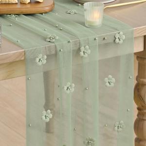 Artoid Mode Sage Green Flower Pearl Green Gauze Table Runner 10FT, Seasonal Sheer Dining Holiday Wedding Birthday Baby Shower Table Decor for Home Party