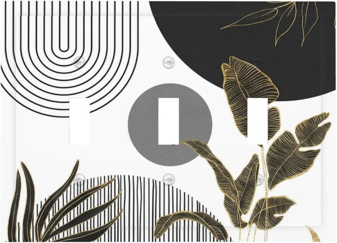 Black Mid Century Boho Chic Leaf 3 Gang Electrical Outlet Light Switch Cover Decorative Triple Toggle Wall Plate Electric Faceplate Switch Face Plate