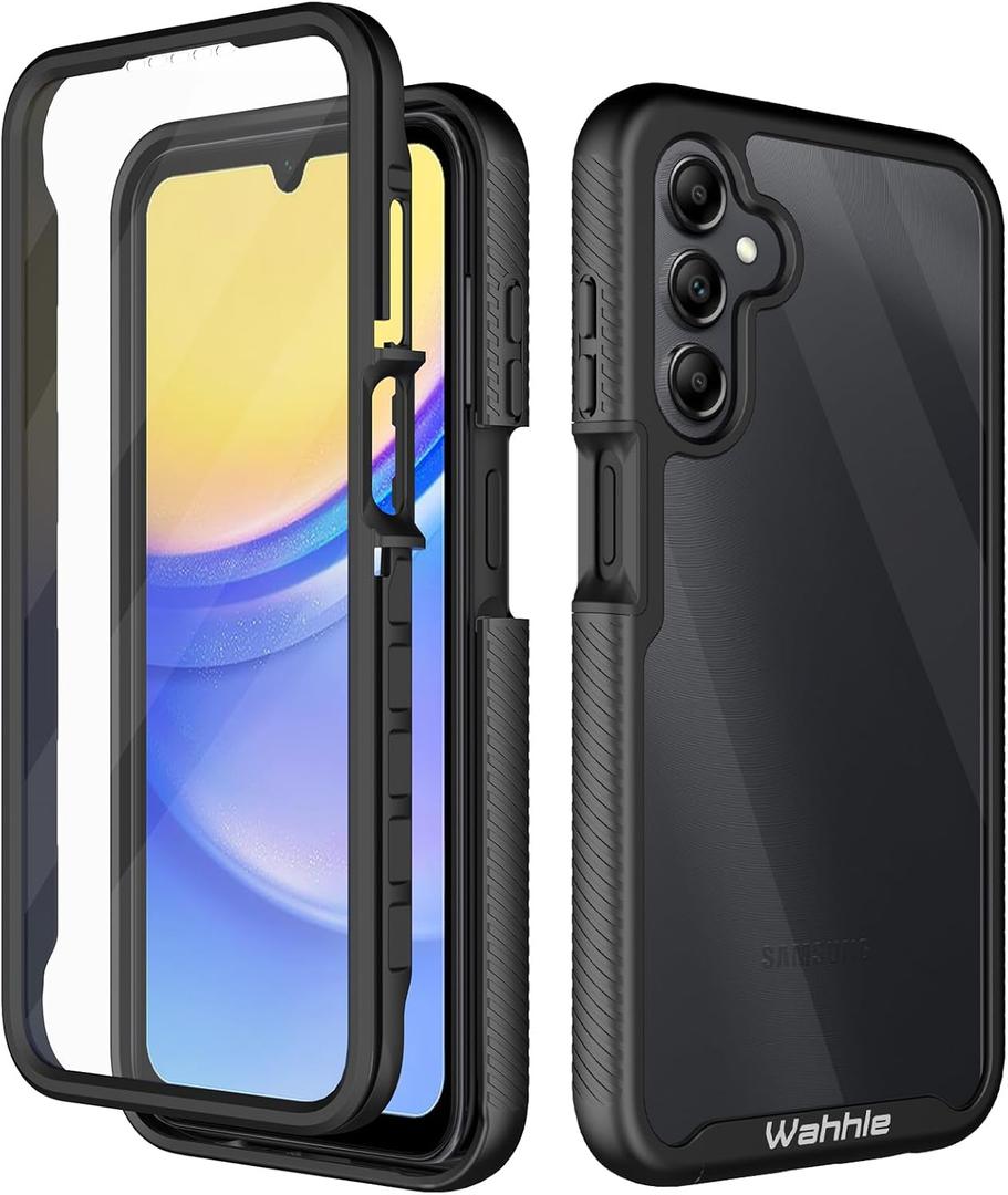 wahhle Compatible with Samsung Galaxy A15 5G Case, Built in Screen Protector Full Body Shockproof Slim Fit Bumper Protective Phone Cover for A15 4G/5G Men Women-Black/Clear