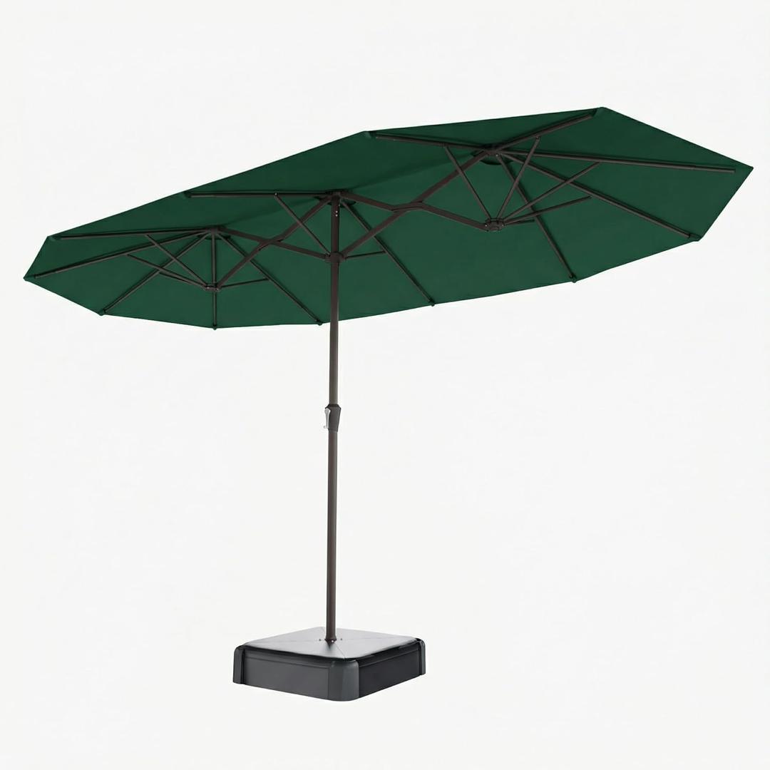 15FT Double Sided Patio Umbrella with Base Included Large Outdoor Market Umbrella with Crank Handle, UV Resistant Canopy, Sturdy Frame for Garden, Poolside, Deck, Forest Green