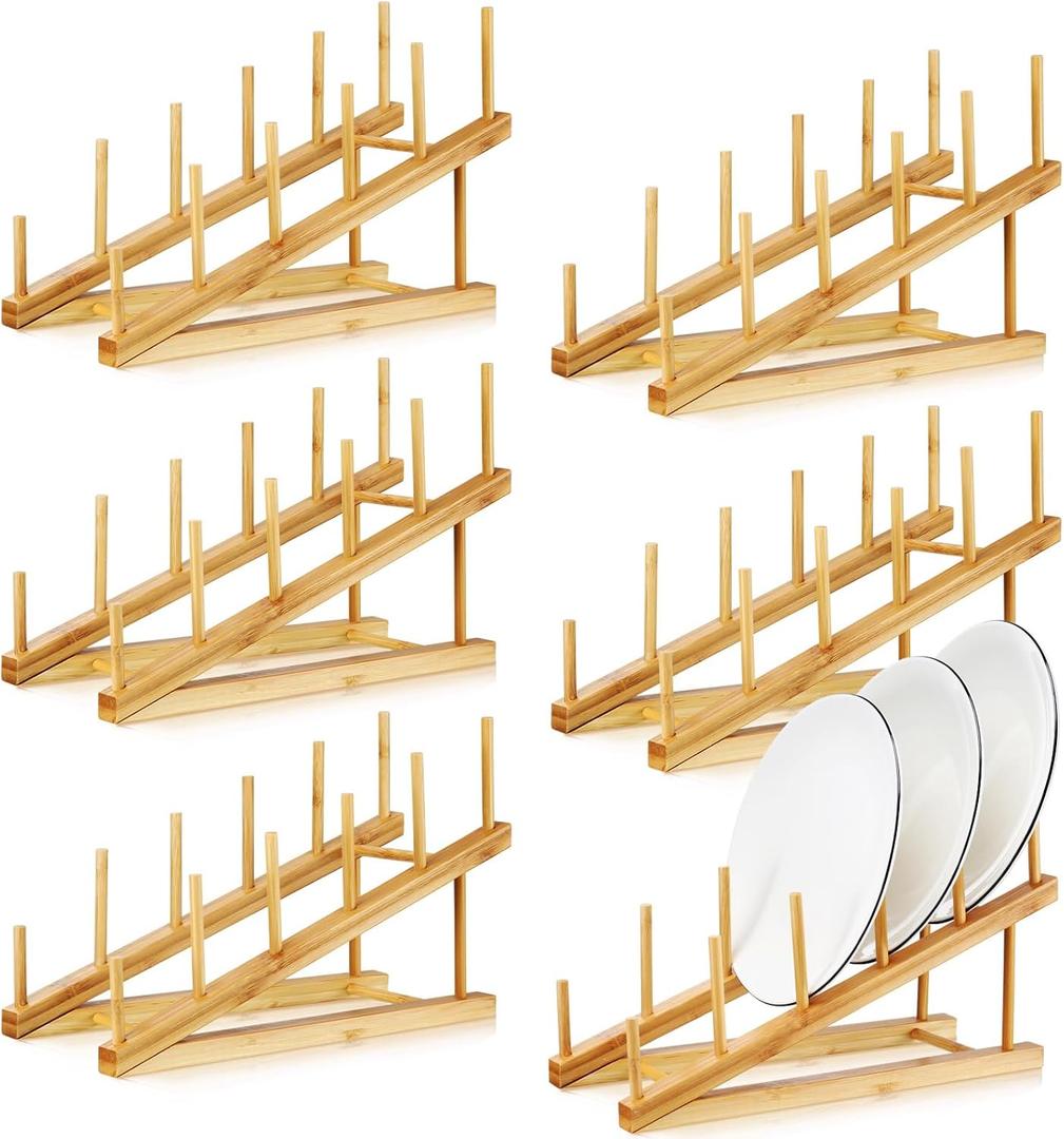 Suclain 6 Pcs Wooden Bamboo Dish Drying Rack Kitchen Cabinet Organizer for Cabinet Cutting Board Display Stand for Dish Plate Bowl Water Bottles Cup Pot Lid Cutting Board, approx. 11.8 x 4.5 x 7.5 inches/ 30 x 11.5 x 19 cm