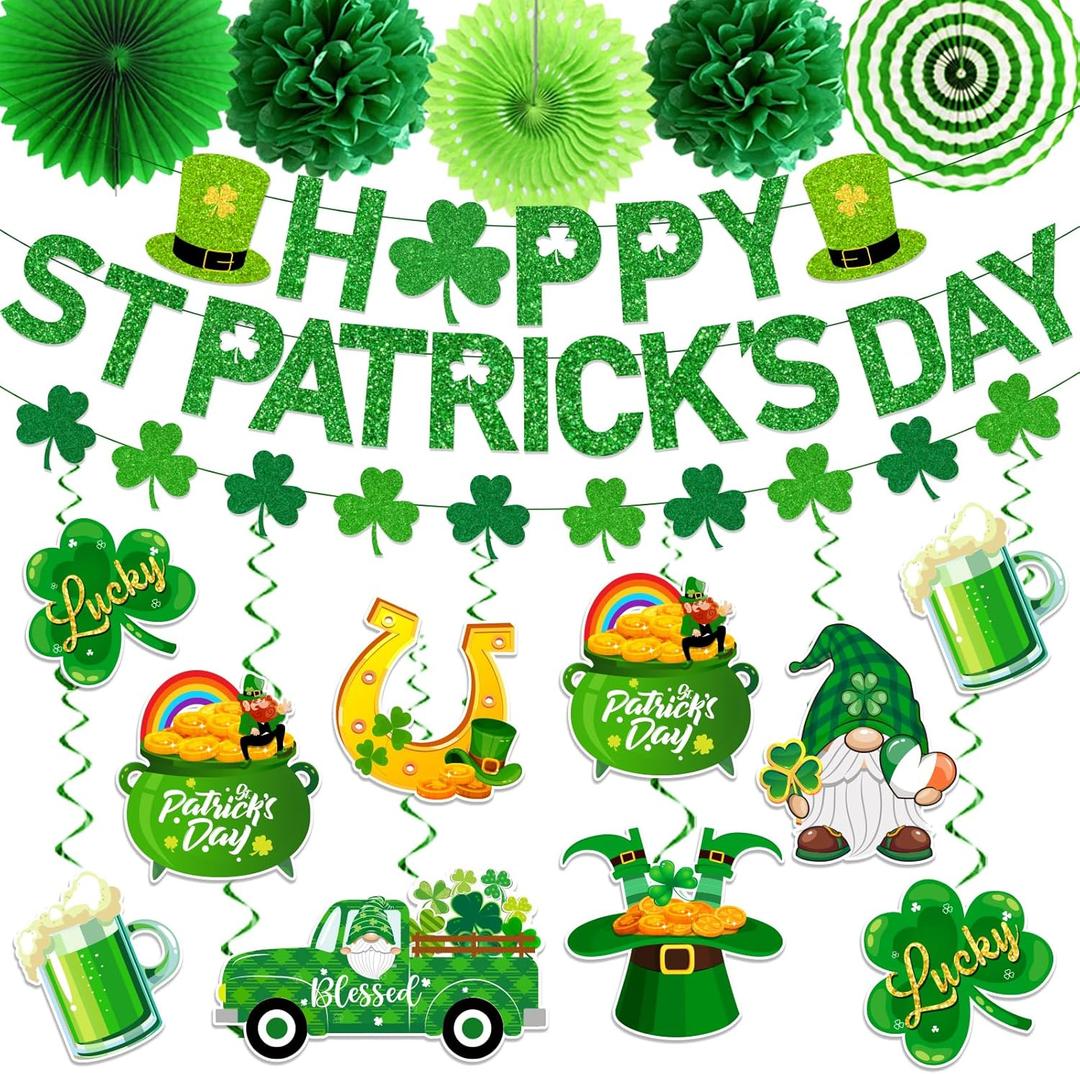 St Patricks Day Decorations, Saint Patricks Day Decorations includes Happy St Patricks Day Banner Shamrock Garland Hanging Swirs and Tissue Pom Poms, St Patricks Day Decorations for Office Home