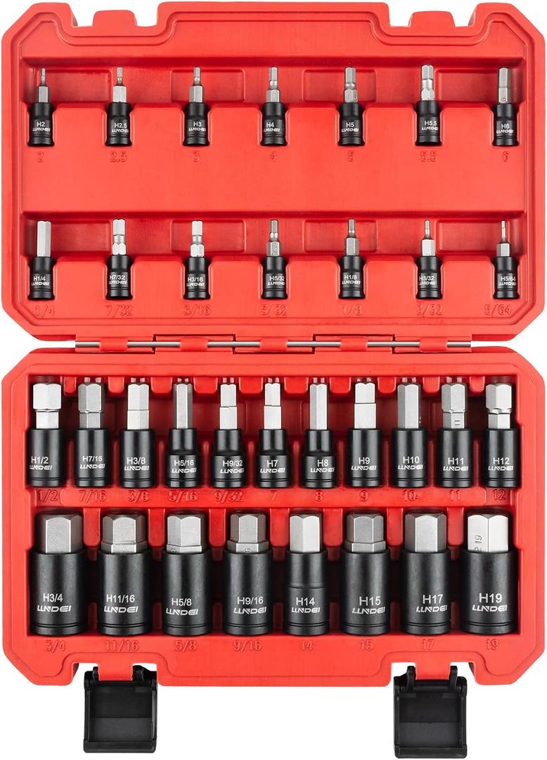 LLNDEI 33PCS Hex Bit Socket Set, SAE 5/64"-3/4" & Metric 2mm-19mm Allen Driver Set, Cr-V & S2 Steel Impact Grade with 1/4" 3/8" 1/2" Drive, for Impact Wrench Automotive & DIY